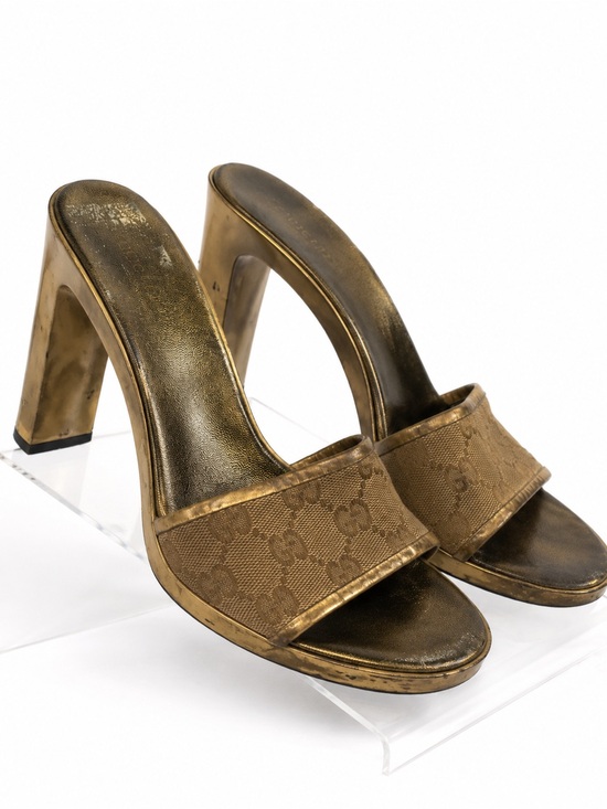 Shoes - Vintage Gucci GG Gold Canvas Mule Sandals Size 8B